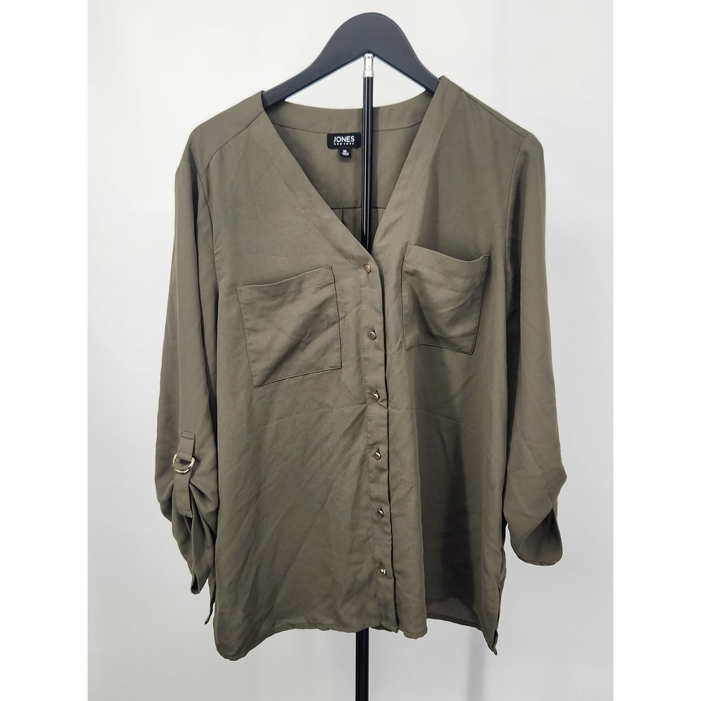 Jones New York Women XL Olive Green Roll Tab Sleeve Button Down Blouse V-Neck